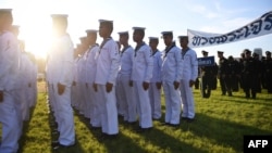 FILE - Thai navy officers line up during the celebrations for Thai King Maha Vajiralongkorn’s 67th birthday in Bangkok on July 28, 2019. (Photo by Lillian SUWANRUMPHA / AFP)