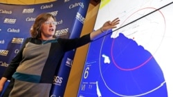 In this Jan. 28, 2013 file photo, seismologist Dr. Lucy Jones describes how an early warning system would provide advance warning of an earthquake, at a news conference at the California Institute of Technology in Pasadena, Calif. (AP Photo/Reed Saxon)