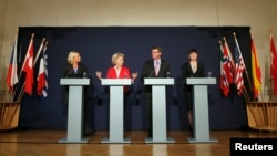 NATO states defense ministers (L-R) Jeanine Hennis-Plasschaert of the Netherlands, Ursula von der Leyen of Germany, Ashton Carter of the U.S. and Ine Eriksen Soereide of Norway attend a news conference during a visit to the Very High Readiness Joint Task