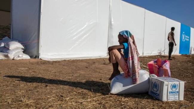 FILE - A Tigray refugee girl who fled the conflict in Ethiopia's Tigray region, sits on aid she received from the UNHCR and WFP at Umm Rakouba refugee camp on the Ethiopia-Sudan border, Nov. 24, 2020.