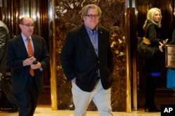 FILE - Stephen Bannon, campaign CEO for President-elect Donald Trump, leaves Trump Tower in New York, Friday, Nov. 11, 2016. Trump has named the conservative media owner as his top presidential strategist.