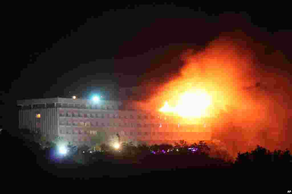 June 29: Flames rise from the Intercontinental hotel during a battle between NATO-led forces and suicide bombers and Taliban insurgents in Kabul June 29, 2011. (Reuters/Stringer)
