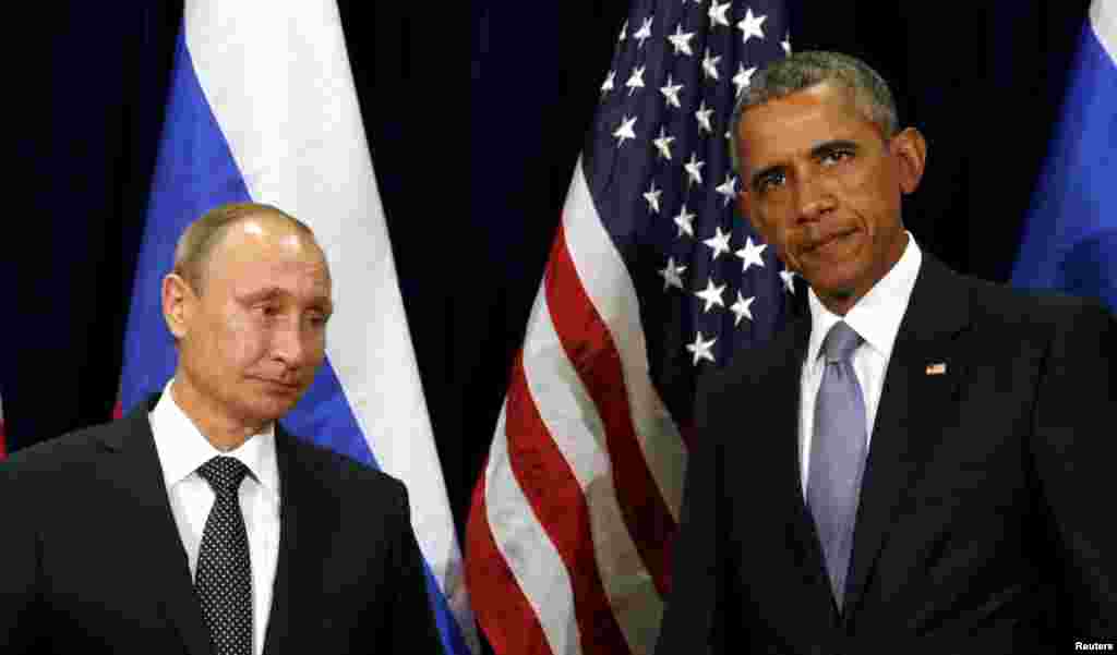 U.S. President Barack Obama and Russian President Vladimir Putin meet at the United Nations General Assembly in New York, Sept. 28, 2015.