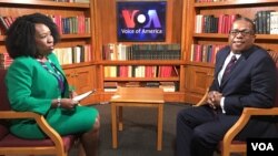 Brian Nichols, left, U.S. ambassador to Zimbabwe, is interviewed by VOA Zimbabwe Service's Marvelous Mhlanga-Nyahuye in Washington, Sept. 14, 2018. 