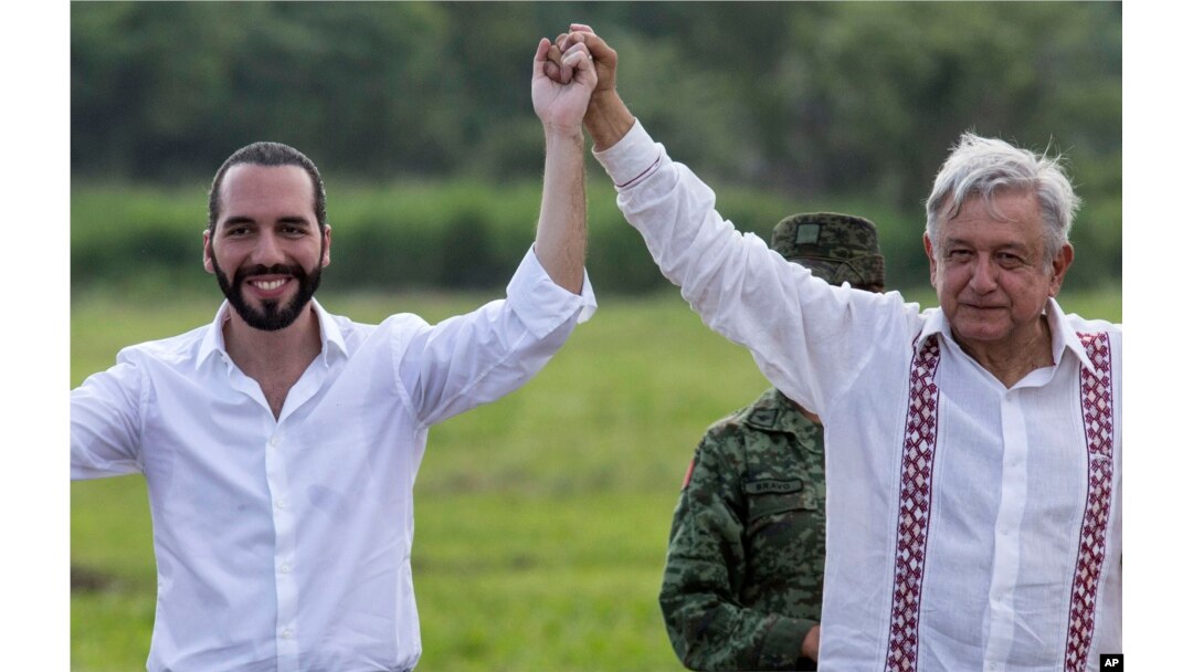 Mexican President Andres Manuel Lopez Obrador, right, and the President of El Salvador Nayib Bukele, raise their arms during a visit to a tree nursery at a military reserve in Tapachula, Mexico, Thursday, June 20, 2019.