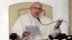 Pope Francis delivers his speech during the general audience he held in St. Peter's Square, at the Vatican, Aug. 31, 2016.