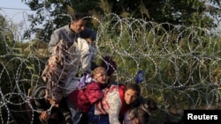 Syrian migrants cross under a fence as they enter Hungary at the border with Serbia, near Roszke, Hungary, August 27, 2015. Picture taken August 27, 2015.