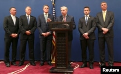 U.S. Senator Lindsey Graham (C) speaks during a news conference in Cairo, Egypt April 3, 2016.