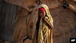 A young Somali girl stands outside her makeshift hut at a camp of people displaced from their homes elsewhere in the country by the drought, shortly after dawn in Qardho, Somalia Thursday, March 9, 2017. Somalia's government has declared the drought a national disaster, and the United Nations estimates that 5 million people in this Horn of Africa nation need aid, amid warnings of a full-blown famine. (AP Photo/Ben Curtis)