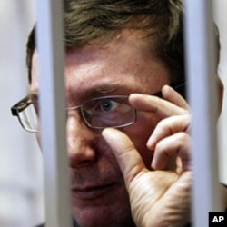 Ukraine's former Interior Minister Yuri Lutsenko looks out from the defendant's cage during a court session in Kiev, February 27, 2012