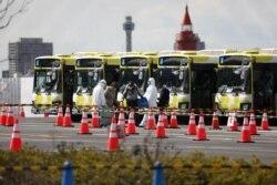 日本横滨港里身穿防护服的工作人员帮助钻石公主号的乘客下船后搭乘大巴车离开。（2020年2月19日）