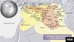 Map yang memperlihatkan wilayah Suriah dan Irak yang dikontrol oleh ISIS.
