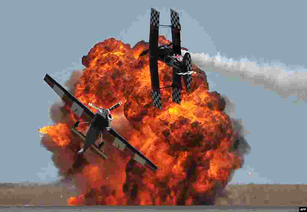 An aerobatics team performs during the Australian International Airshow in Melbourne. 