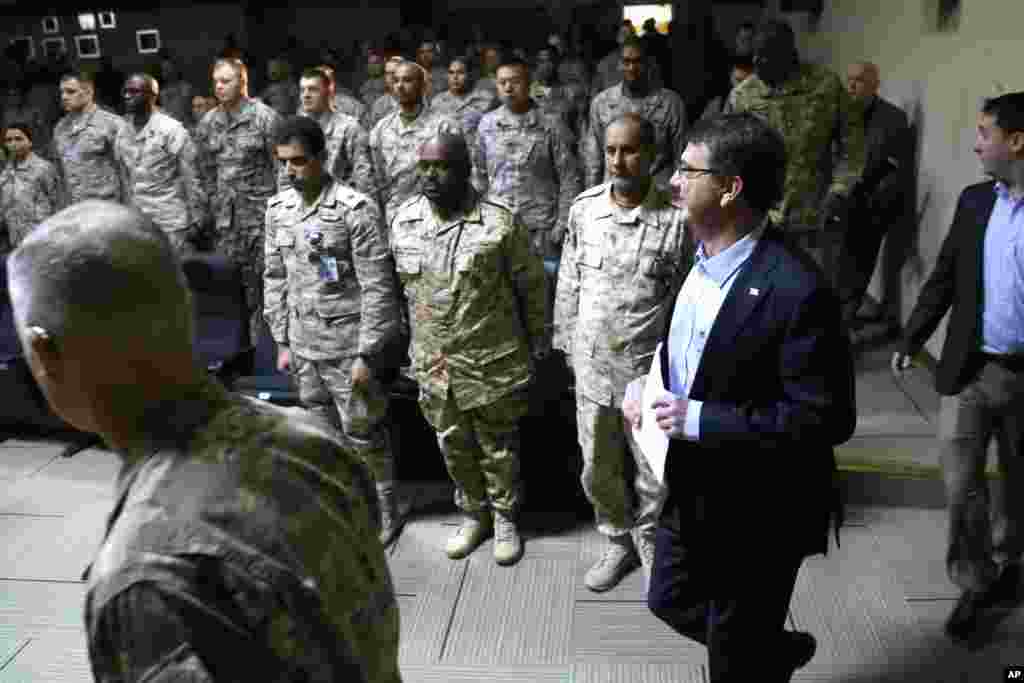 U.S. Defense Secretary Ashton Carter delivers a speech to troops at Camp Arifjan, Kuwait, Feb. 23, 2015.