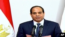 FILE - This image made from Egyptian State Television shows, Egyptian President Abdel Fattah el-Sissi giving a speech at the Supreme Constitutional Court in Cairo, June 8, 2014. 