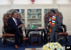 FILE - United States Ambassador to Zimbabwe Brian Nichols, left, is seen during a courtesy call with Zimbabwean President elect Emmerson Mnangagwa at his official residence State House in Harare, Aug, 15, 2018.