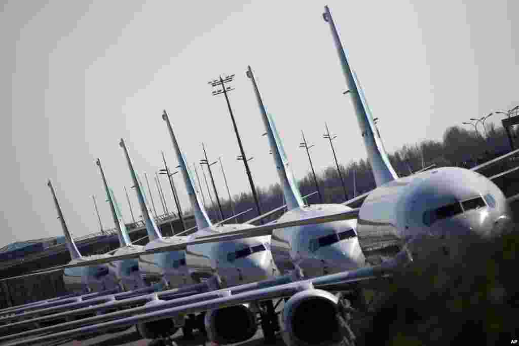 یک ردیف از هواپیماها که به دلیل کاهش پروازها در فرودگاه اورلی پاریس پارک شده&zwnj;اند.