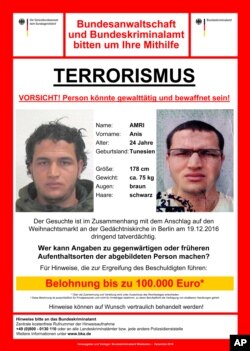 The wanted poster issued by German federal police Dec. 21, 2016, shows 24-year-old Tunisian Anis Amri who is suspected of being involved in the fatal attack on the Christmas market in Berlin on Dec. 19, 2016. German authorities are offering a reward of up to 100,000 euro ($105,000) for the arrest of the Tunisian.