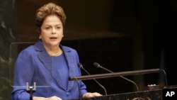 Brazilian President Dilma Roussef speaks during the 69th session of the United Nations General Assembly at U.N. headquarters in New York, Sept. 24, 2014. 
