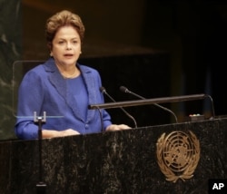 FILE - Dilma Roussef, president of Brazil, speaks during the 69th session of the United Nations General Assembly at U.N. headquarters, Sept. 24, 2014.