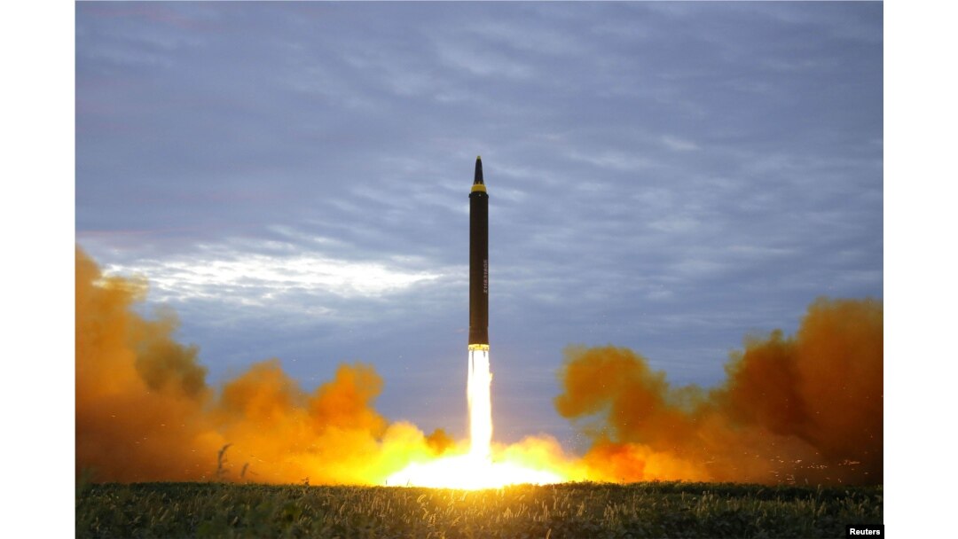 A missile is launched during a long and medium-range ballistic rocket launch drill in this undated photo released by North Korea's Korean Central News Agency (KCNA) in Pyongyang, Aug. 30, 2017.