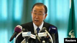 FILE - U.N. Secretary-General Ban Ki-moon, pictured at a Riyadh news conference in February 2015, has called for an immediate cease-fire in Yemen, saying fuel shortages there have placed humanitarian operations in jeopardy.