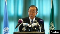 United Nations Secretary-general Ban Ki-moon speaks at a news conference in Riyadh, Feb. 8, 2015. 