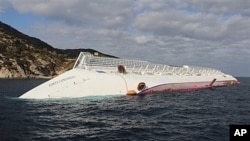 Costa Concordia after running aground on the tiny Tuscan island of Giglio, Italy, Jan. 17, 2012.