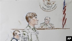 In this courtroom sketch, U.S. Army Cpl. Jeremy Morlock of Wasilla, Alaska, center, is shown at Joint Base Lewis-McChord, Wash. (File Photo)