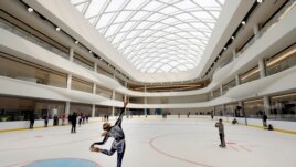 Sabrina Piliero, with World Ice Events, practices on the rink at the American Dream mega entertainment and shopping complex in East Rutherford, N.J., Friday, Oct. 25, 2019. (AP Photo/Richard Drew)