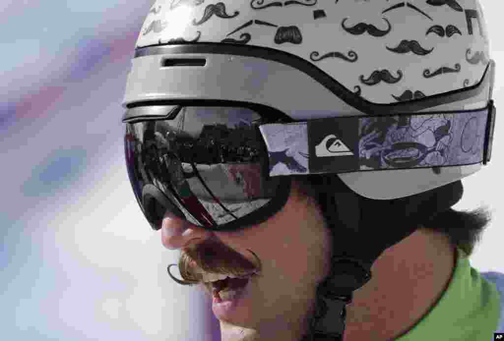 Slovenia&#39;s Filip Flisar wears his distinctive moustache helmet during men&#39;s ski cross competition at the Rosa Khutor Extreme Park, Krasnaya Polyana, Russia,&nbsp;Feb. 20, 2014.