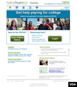 Homepage of the fafsa.gov website