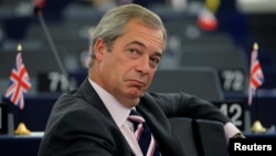 Nigel Farage waits for the start of a debate on the last European Summit at the European Parliament in Strasbourg, France, Oct. 26, 2016.