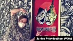 American comedian Jonny Nanachart poses in front of Khaosan Comedy Club in Bangkok, Thailand.