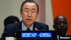 United Nations Secretary General Ban Ki-moon is seen speaking at U.N. Headquarters in New York in this July 18, 2013, file photo.