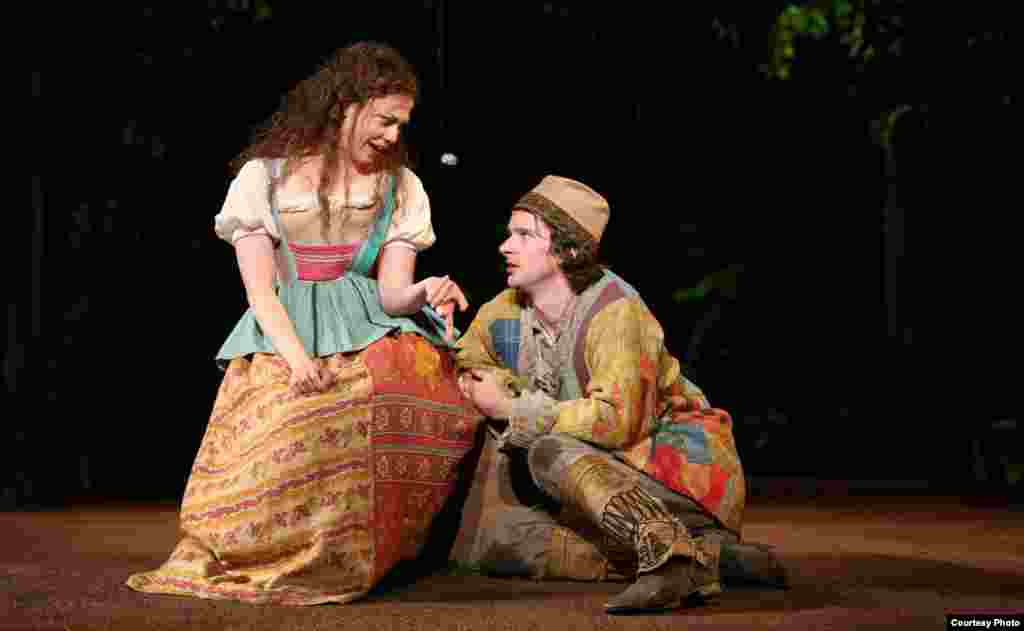Susannah Flood and Will Rogers in the Shakespeare in the Park production of As You Like It, directed by Daniel Sullivan, running as part of The Public Theater&#39;s Shakespeare in the Park season in Central Park. (Photo: Joan Marcus)