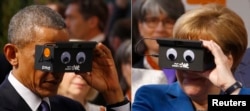 A combination of pictures shows German Chancellor Angela Merkel and U.S. President Barack Obama as they try the virtual reality device PMD during the opening tour of the Hannover Messe in Hanover, Germany April 25, 2016.