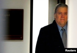 FILE - Former White House Chief Strategist Stephen Bannon arrives for an interview by the House Intelligence Committee investigating alleged Russian interference in the 2016 U.S. election on Capitol Hill, January 16, 2018.