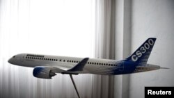 A model of Bombardier C Series airplane is seen in Bombardier offices in Belfast, Northern Ireland, Sept. 26, 2017. 