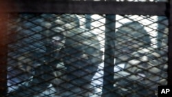 FILE - Egyptian activists are seen through the mesh of a courtroom cage in Cairo, Egypt, Feb. 23, 2015. 