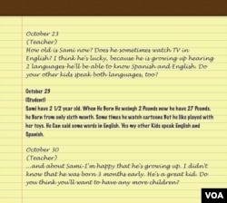 Click on the image to enlarge. In this dialogue journal excerpt, you can see that the teacher models the correct language for the student. Excerpt taken from a 1996 paper by Janet Isserlis. Reprinted with permission.