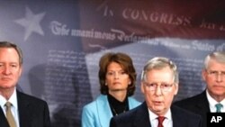 Senate Minority Leader Mitch McConnell (second from r) briefs the media about his congressional delegation's recently completed trip to Afghanistan and Pakistan as Sen. Mike Crapo (left), Sen. Lisa Murkowski and Sen. Roger Wicker (right) listen, 12 Jan 20