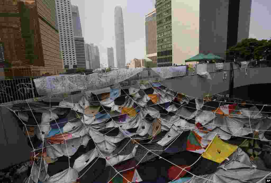 An art installation made of umbrellas is seen at an occupied area near government headquarters in Hong Kong, Oct. 16, 2014. 