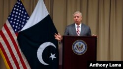 U.S. Republican Senator Lindsey Graham gives a press conference at the U.S. Embassy after meeting with Pakistani Prime Minister Imran Khan, in Islamabad, Pakistan, Jan. 20, 2019. 