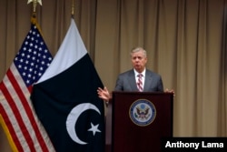 U.S. Republican Senator Lindsey Graham gives a press conference at the U.S. Embassy after meeting with Pakistani Prime Minister Imran Khan, in Islamabad, Pakistan, Jan. 20, 2019.