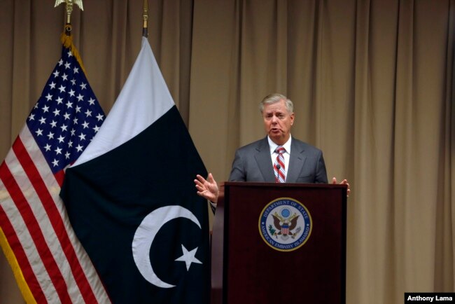 U.S. Republican Senator Lindsey Graham gives a press conference at the U.S. Embassy after meeting with Pakistani Prime Minister Imran Khan, in Islamabad, Pakistan, Jan. 20, 2019.