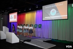 The five Cambodian girls of the app team Cambodia Identity Product take the stage to make a pitch for the app they coded to the judges during the Technovation Challenge World Pitch Summit competition at Google headquarters in Mountain View, Calif., Aug. 9, 2017. (S. Soeung/VOA Khmer)