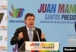 Colombia's President Juan Manuel Santos speaks during a campaign rally in Bogota, April 28, 2014.