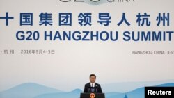 항저우 주요20개국(G20) 정상회의 개최국인 중국의 시진핑 국가주석이 5일 폐막 회견을 진행하고 있다. 