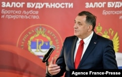 FILE - Serb representative in Bosnia and Herzegovina's tripartite presidency Milorad Dodik addresses journalists after meeting with Russian Foreign Minister Sergey Lavrov (not pictured) in East-Sarajevo, Dec. 14, 2020.